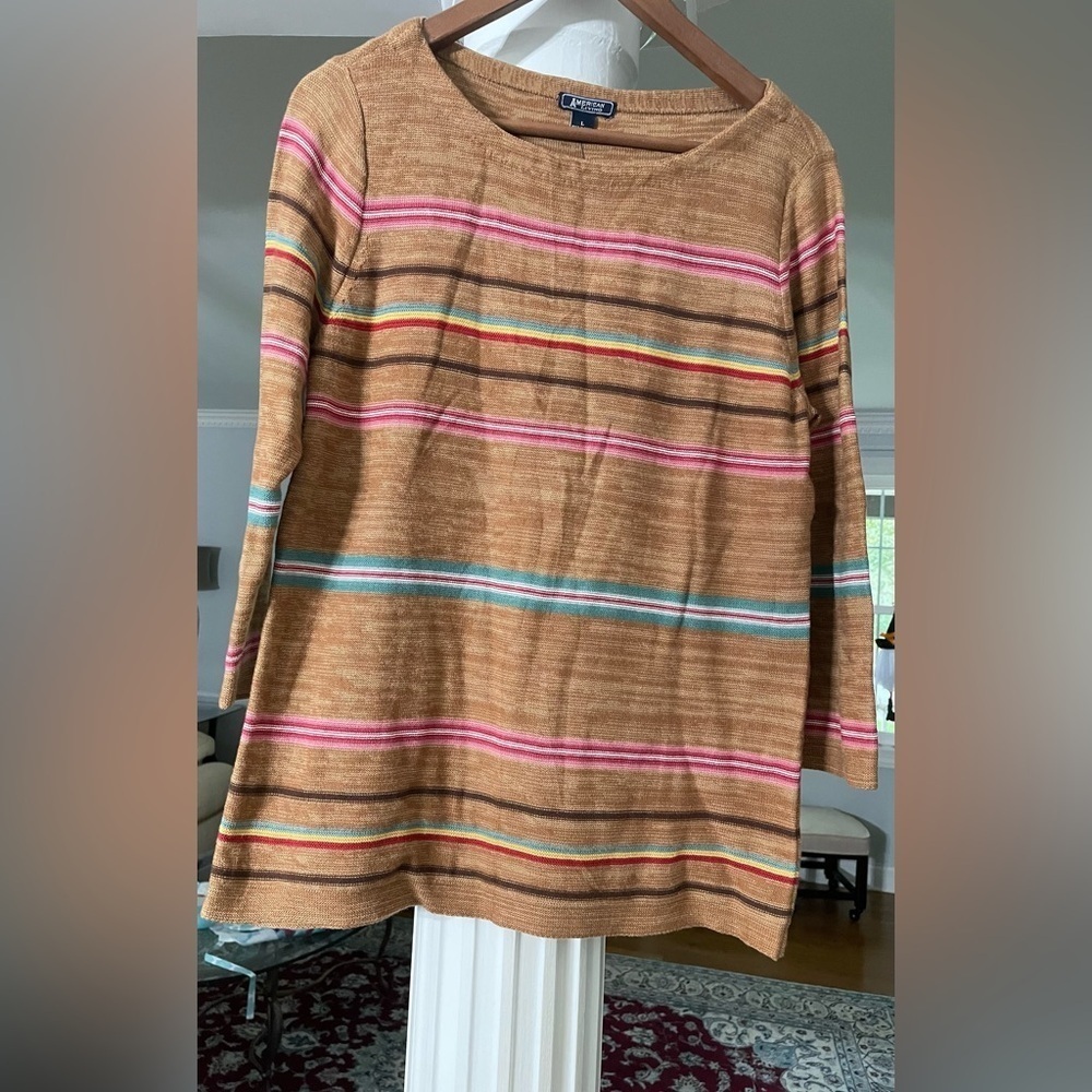 American Living women’s size L multi color striped 3/4 sleeve. Brown red , green